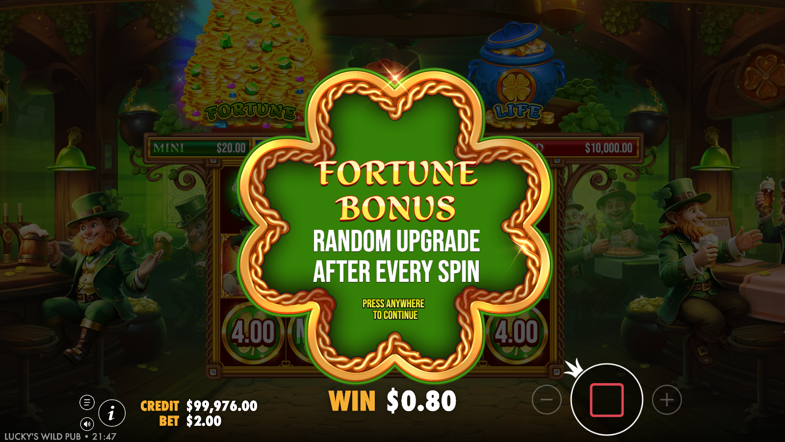 Lucky's Wild Pub Fortune Bonus intro card, the green coin modifier that randomly upgrades money symbols after every spin