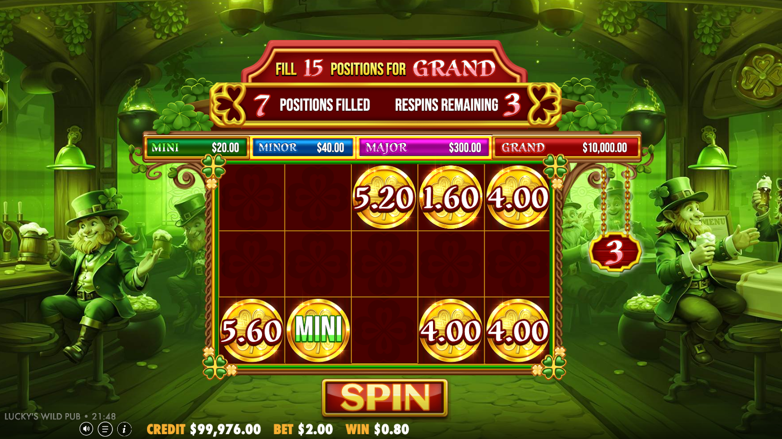 Lucky's Wild Pub Pot Respins Hold and Win board with sticky money symbols, a Mini jackpot coin, the respins-remaining counter and fill 15 positions for Grand