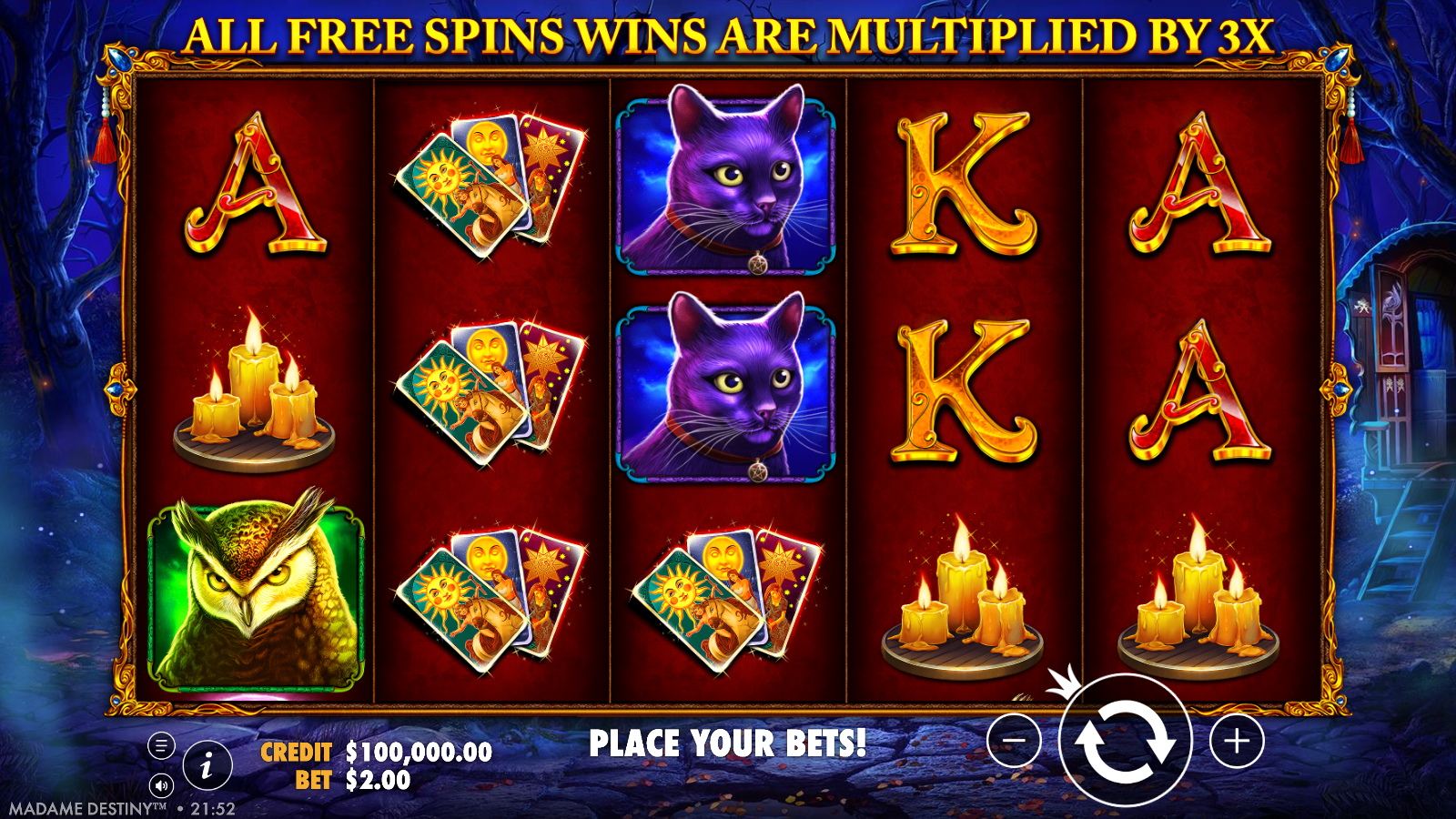 Madame Destiny base game, 5x3 reels with 10 fixed paylines showing the Owl, Black Cat and crystal ball symbols