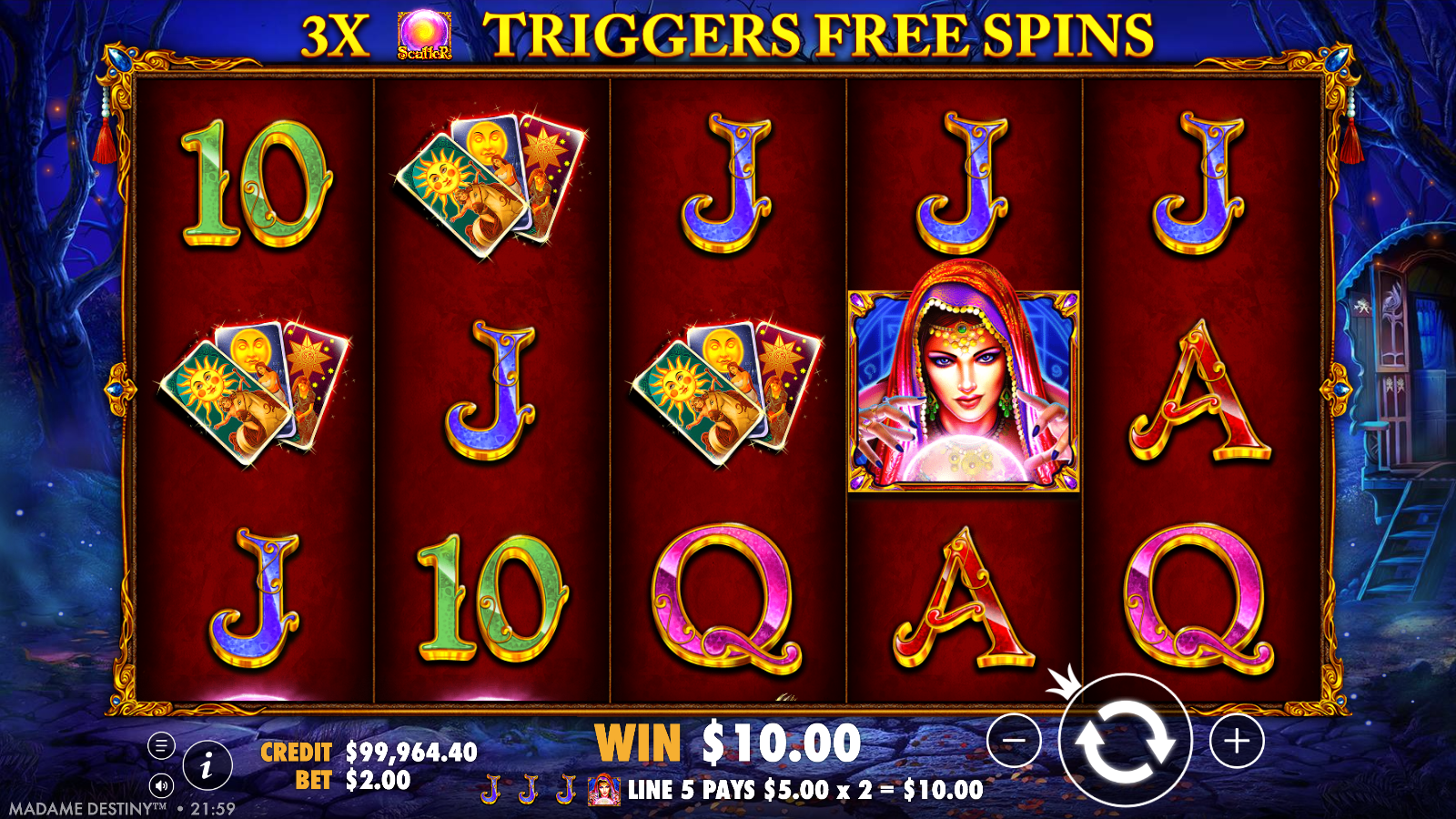 Madame Destiny wild completing a payline with the win doubled by the 2x wild multiplier