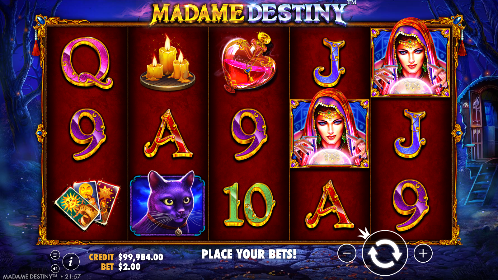 Two Madame Destiny wild symbols on adjacent reels in the base game