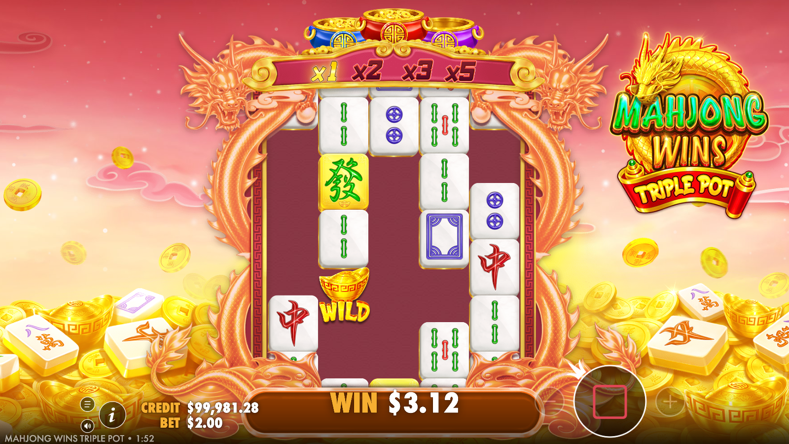Mahjong Wins Triple Pot base game mid-tumble, with cleared columns and new tiles dropping into the ways grid