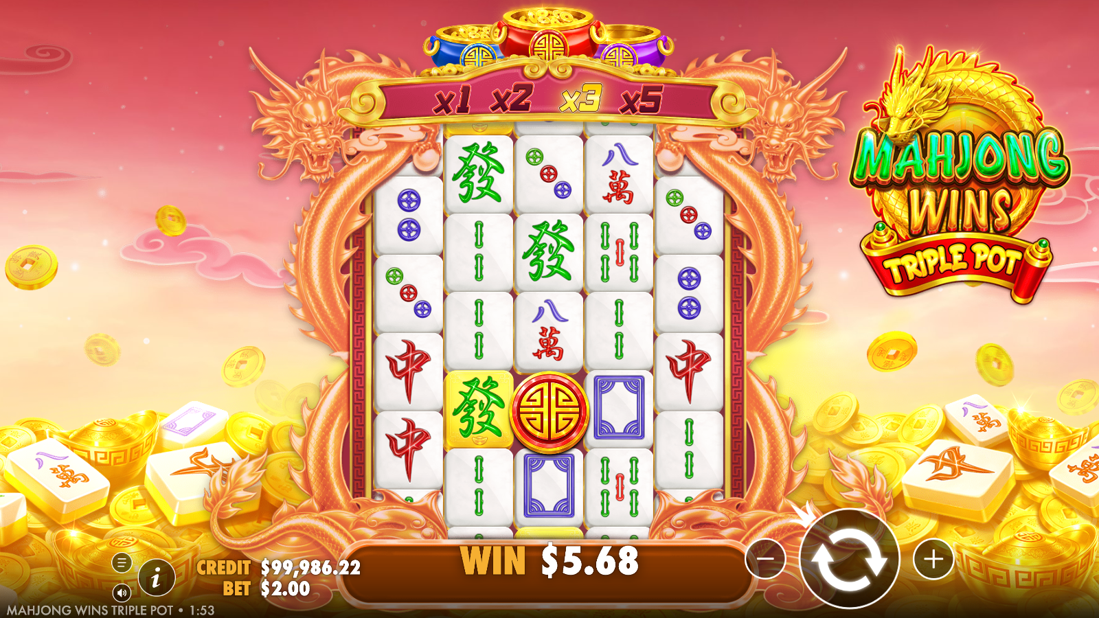 The three Triple Pot collectors above the reels holding gathered coins, with a gold Bonus Coin tile on the grid below