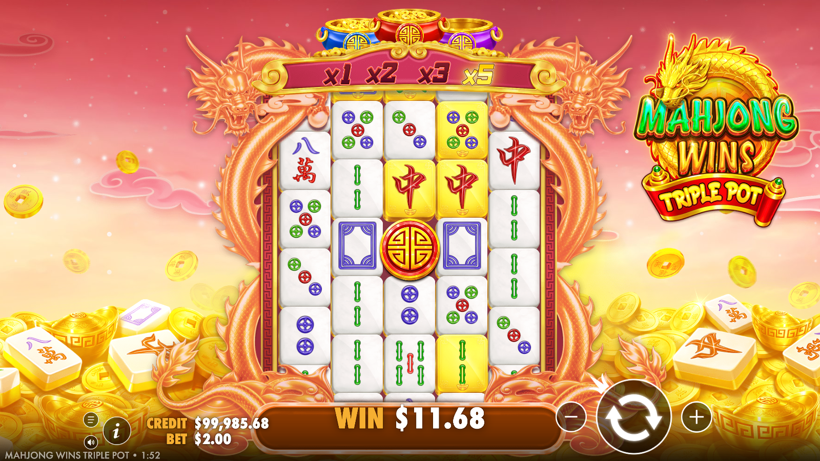 A resolved winning grid with the gold Bonus Coin tile centred and the multiplier ladder lit