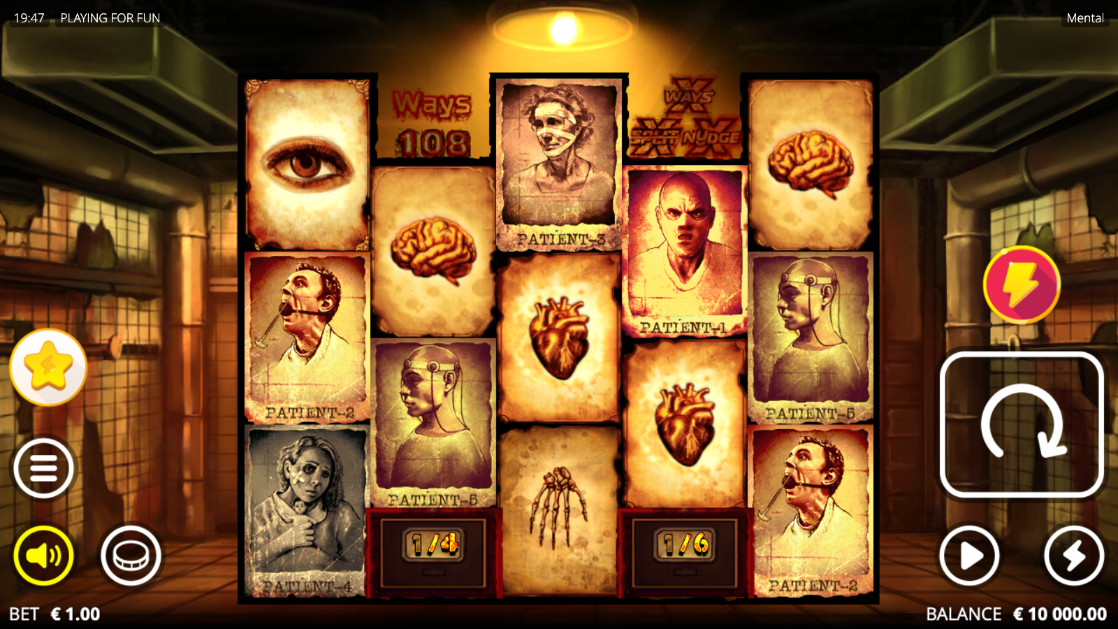 Mental Nolimit City base game 3-2-3-2-3 split row grid showing patient cards, brain, heart and eye symbols at 108 ways