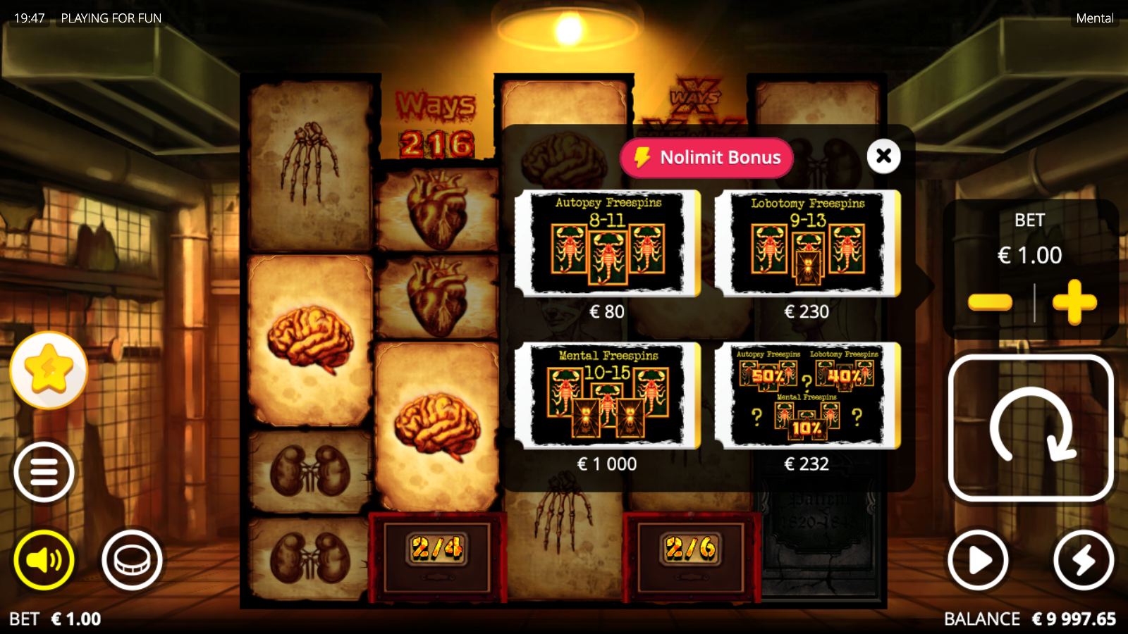 Mental Nolimit City Bonus Buy menu showing four feature tiers Autopsy Lobotomy Mental Freespins and Lucky Dip