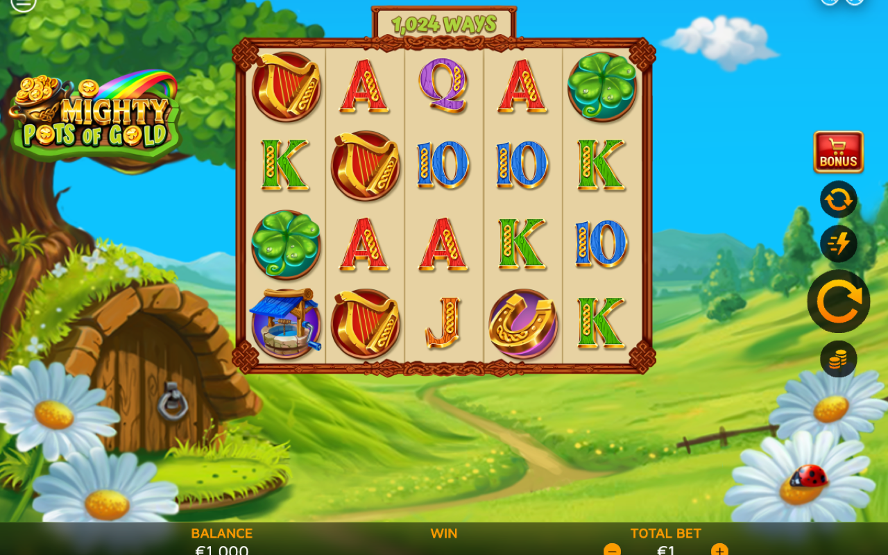 Mighty Pots of Gold base game 5 by 4 grid with 1,024 ways, showing the Irish leprechaun symbols, the royals and an expanding Wild on the reels