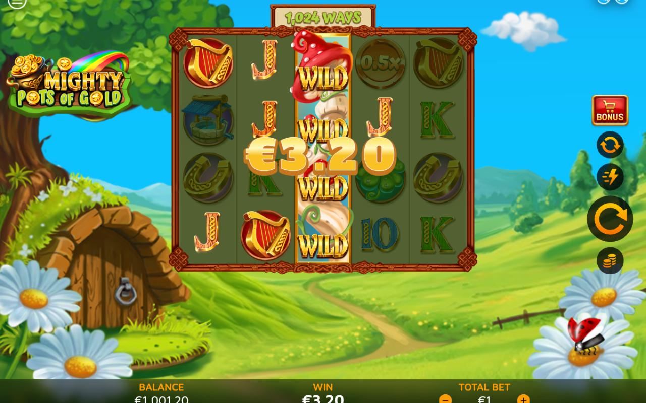 Mighty Pots of Gold Pot of Gold coin-collect feature, with Pot of Gold symbols gathering the multiplier values shown on the Bronze, Silver and Gold coin symbols across the reels