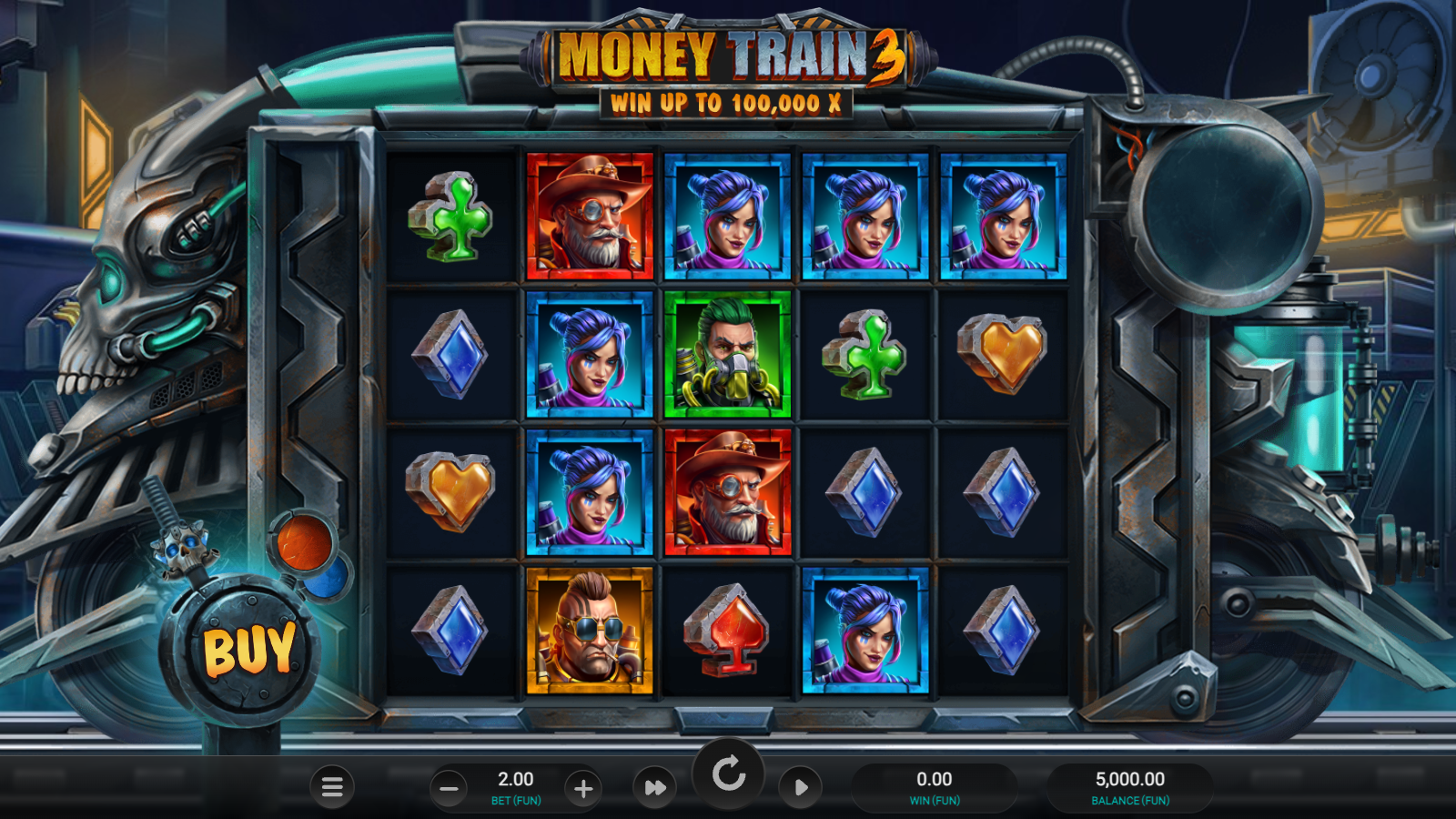 Money Train 3 base game 5x4 grid showing cyberpunk bandit characters and suit symbols