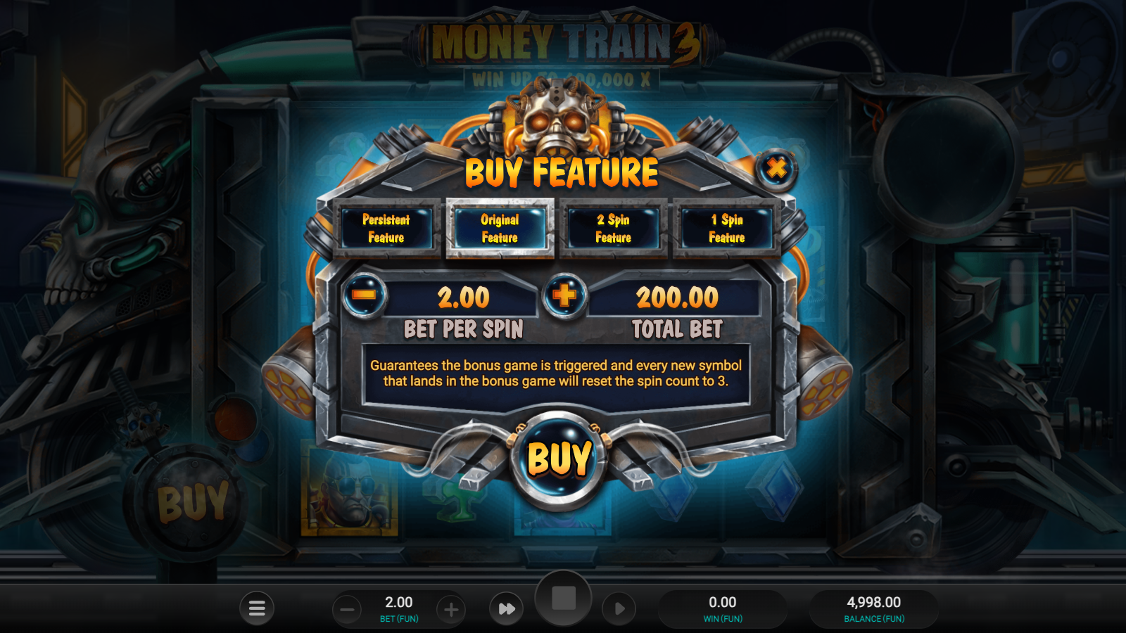 Money Train 3 Buy Feature menu showing four bonus buy tiers , Persistent, Original, 2 Spin and 1 Spin Feature
