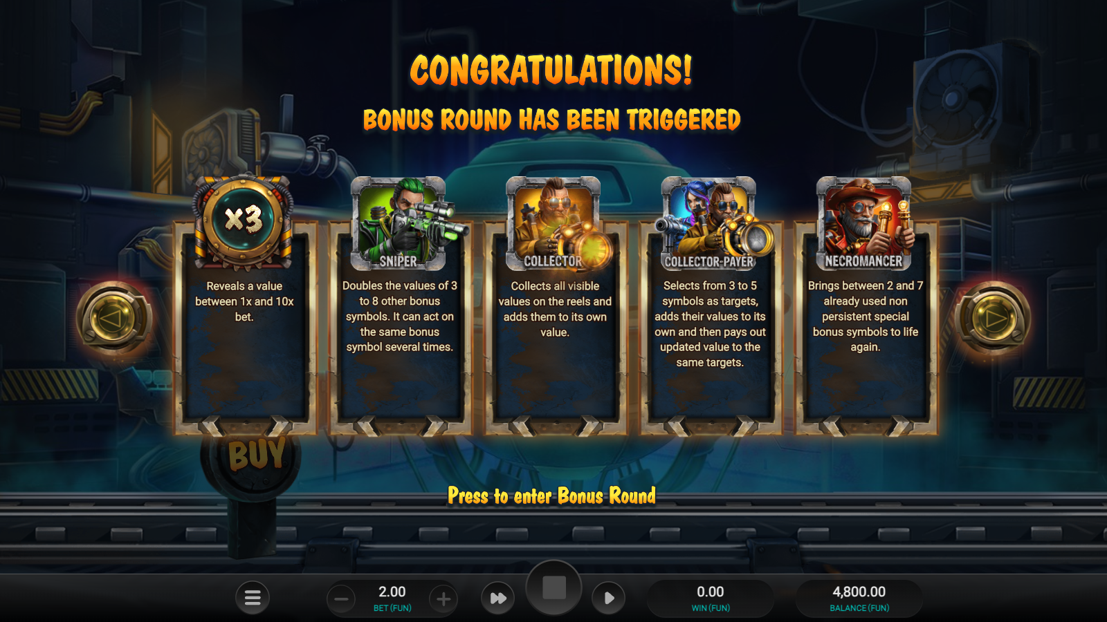 Money Train 3 Money Cart bonus trigger screen listing the five modifier symbols and their roles