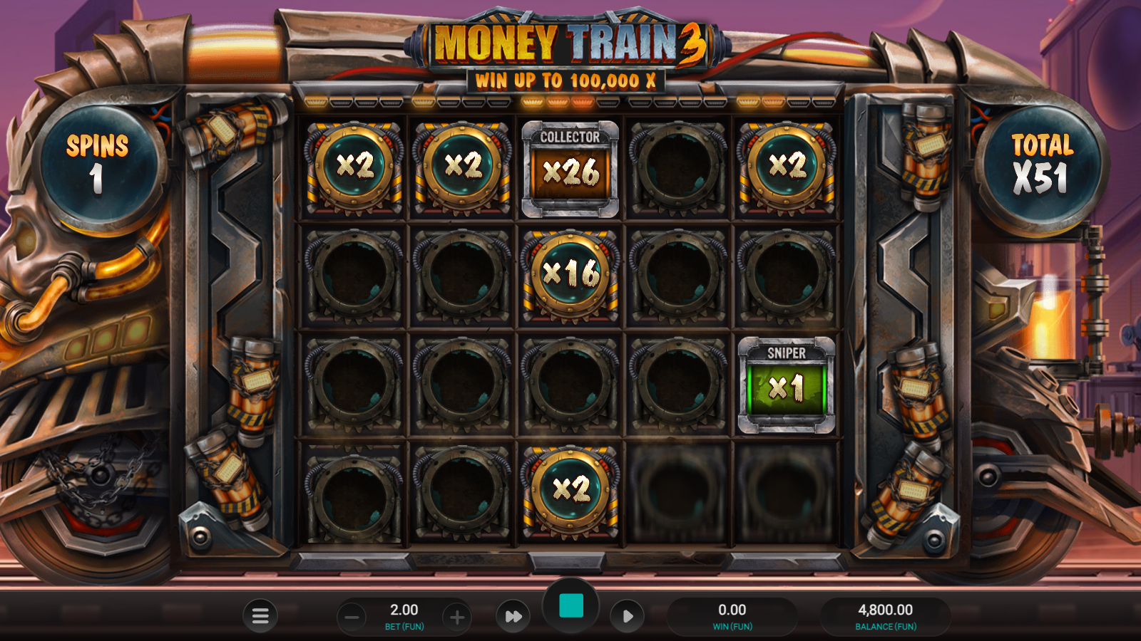 Money Train 3 Money Cart bonus round in progress with Collector and Sniper persistent modifier symbols visible