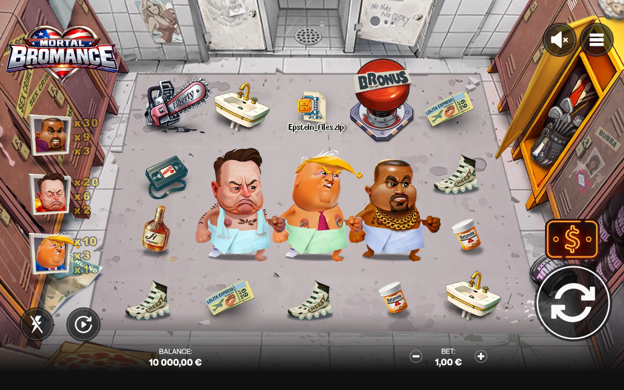 Mortal Bromance base game 5 by 4 grid in the locker-room arena, showing the three caricature character symbols and the themed prop symbols across 1024 ways