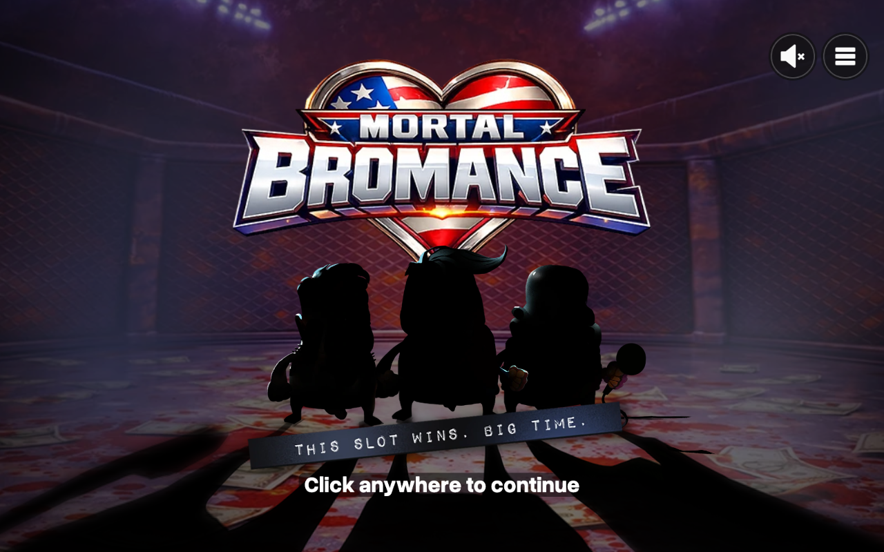 Mortal Bromance intro screen showing the three caricatured characters silhouetted in the fighting-cage arena under spotlights beneath the game logo
