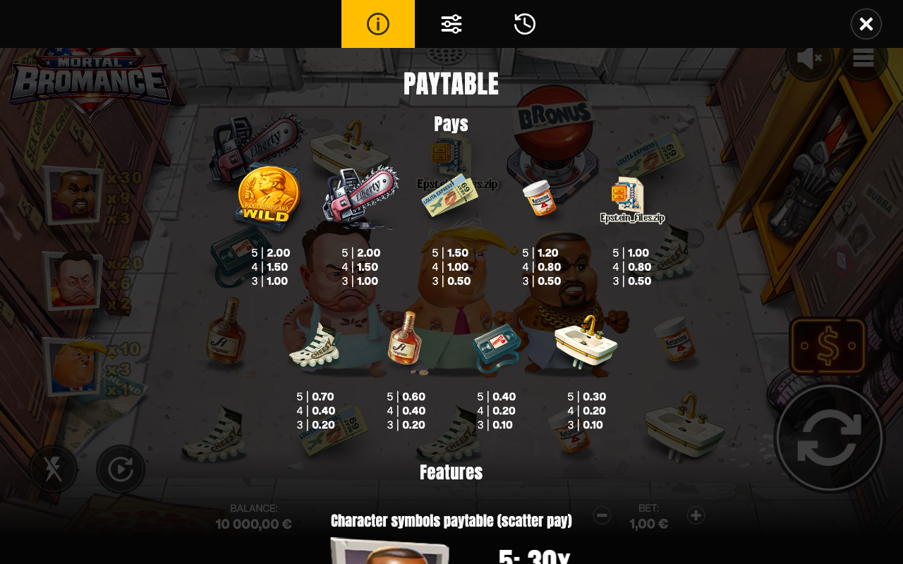Mortal Bromance paytable and features panel listing the prop symbol pays and the character symbols scatter-pay values
