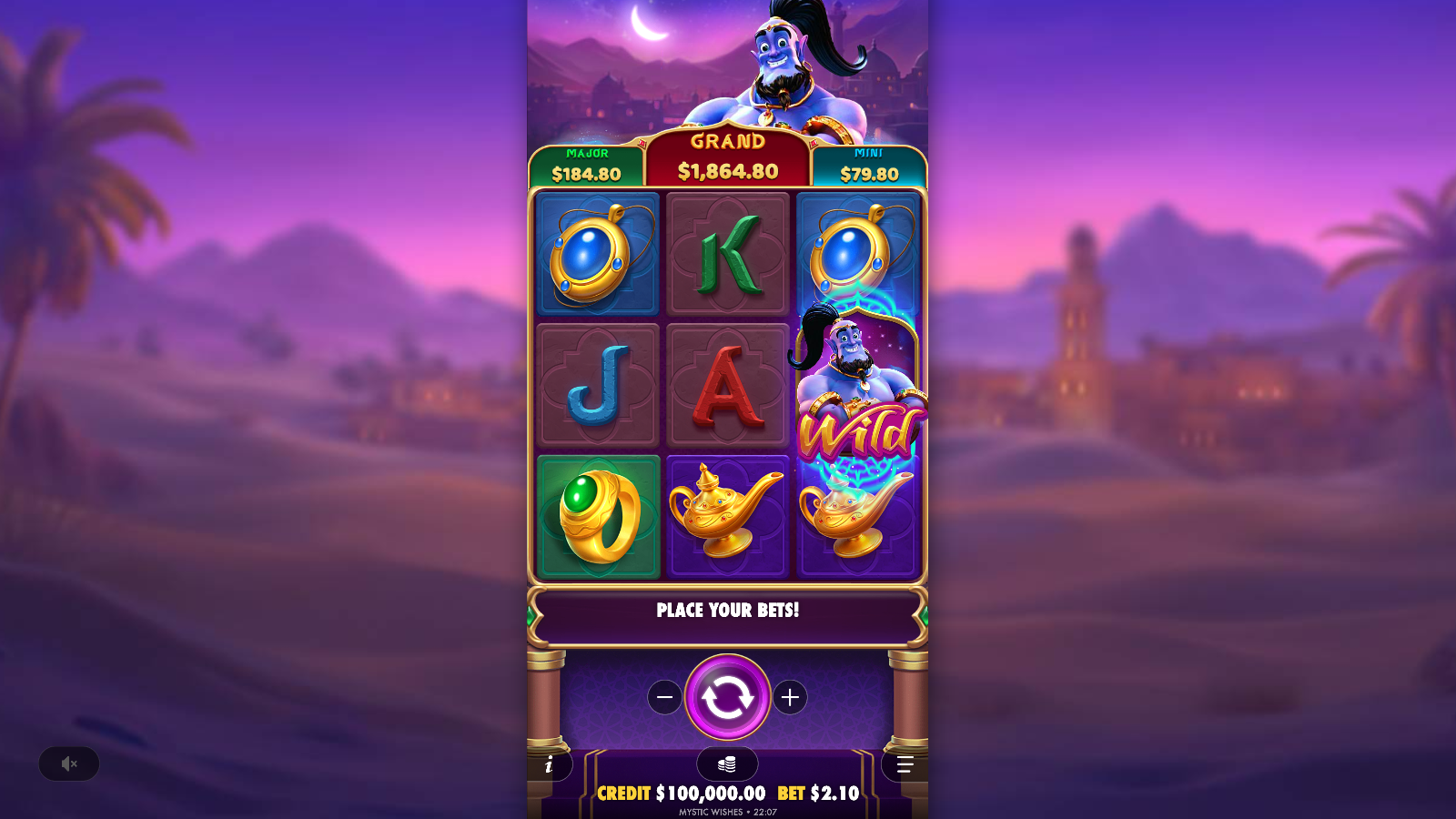 Mystic Wishes 3x3 base grid with the Mini, Major and Grand jackpot ladder above the reels