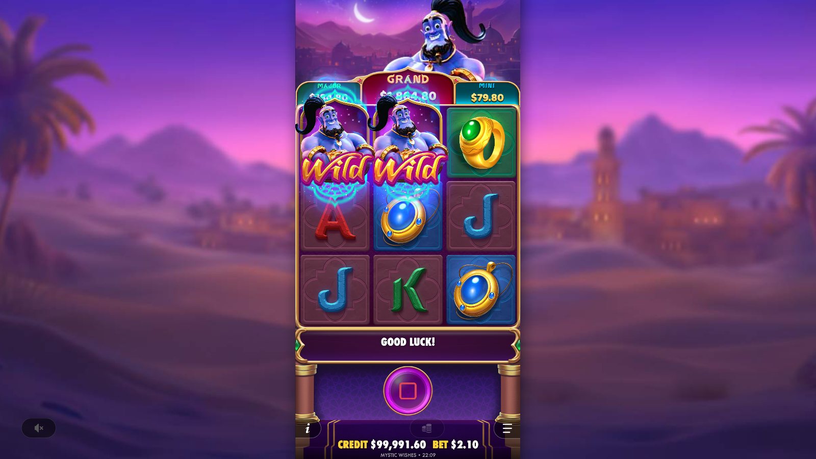 Two Genie wild symbols landing side by side to trigger a Wild Respin in Mystic Wishes