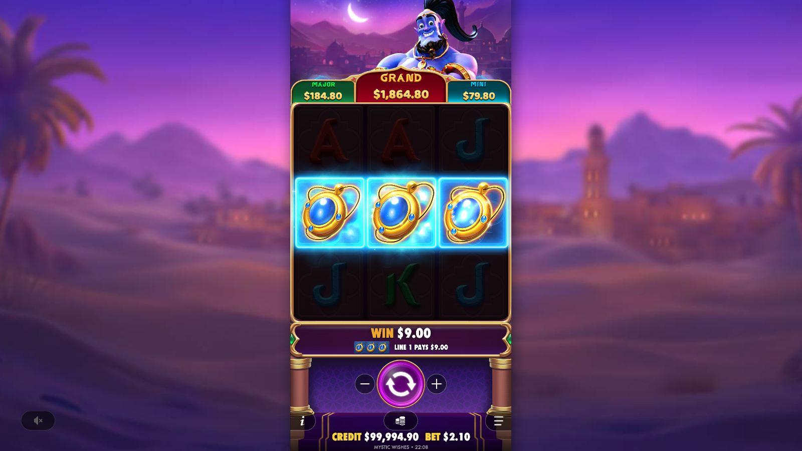 Three matching necklace symbols paying a line win across the centre row of Mystic Wishes
