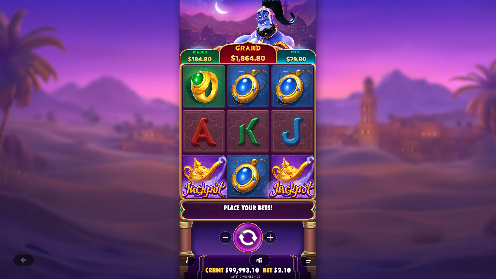 Two Magic Lamp jackpot trigger symbols on the outer reels of Mystic Wishes