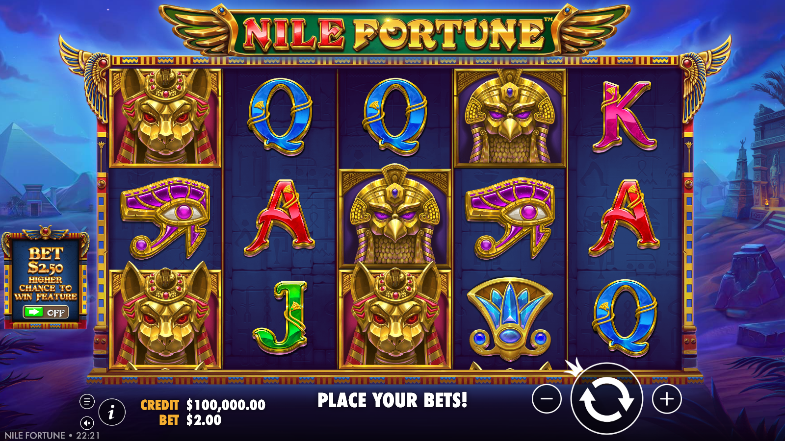Nile Fortune base game 5x3 grid with Egyptian god symbols