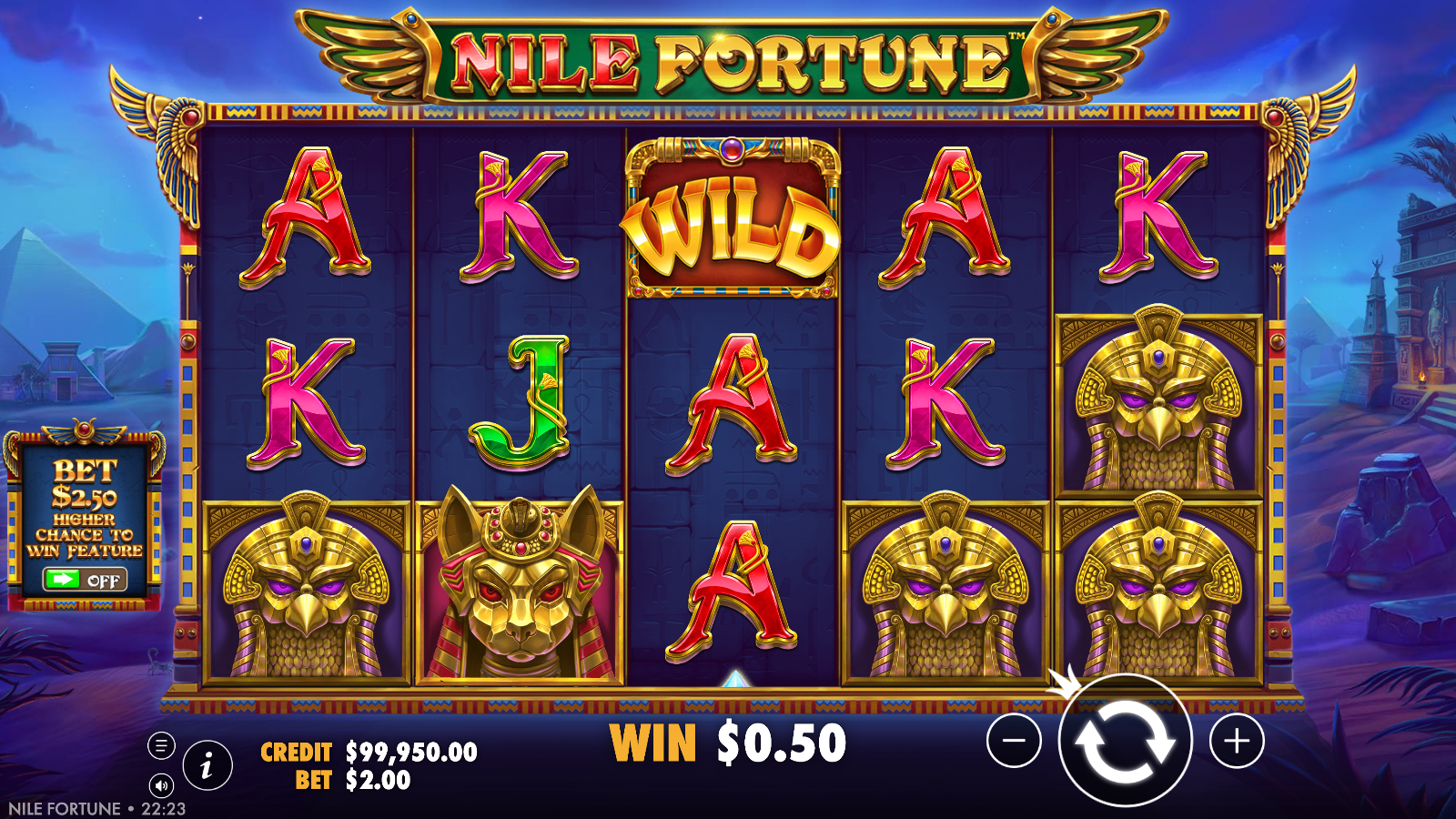 A Wild symbol on the middle reel completes a paying line in Nile Fortune