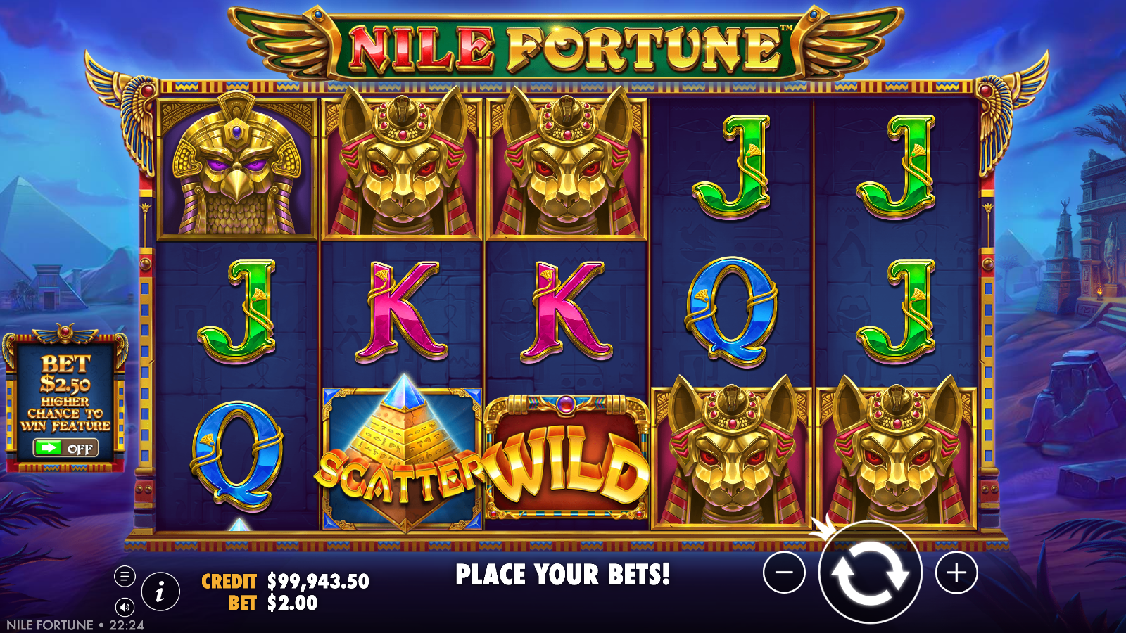 Pyramid Scatter and Wild symbols land together in Nile Fortune