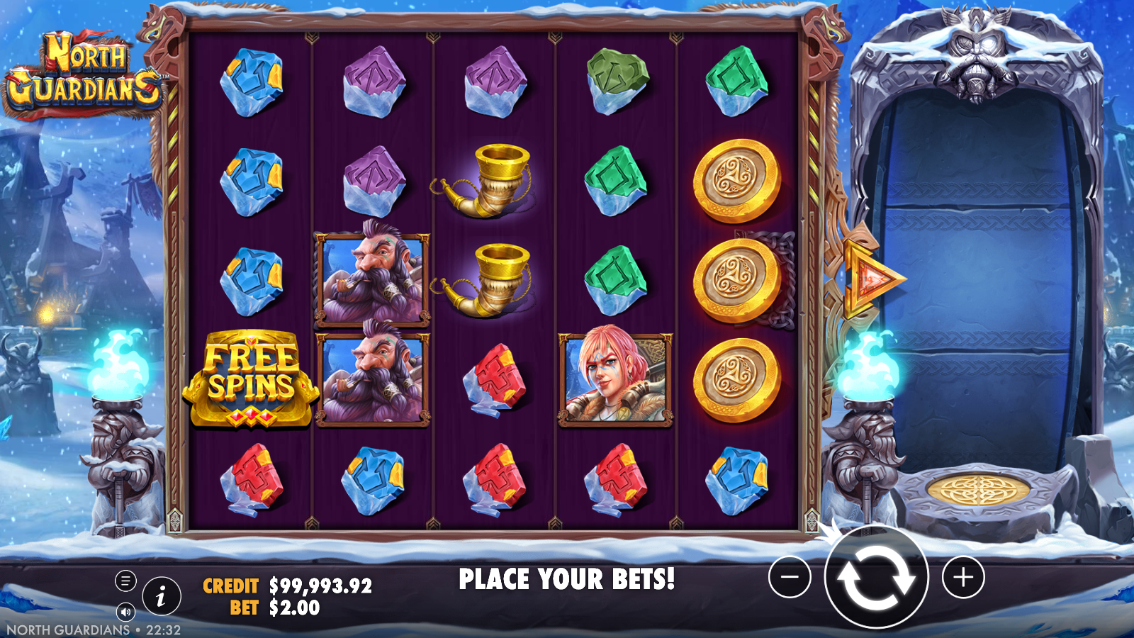 North Guardians base game 5x5 grid with 50 paylines, Free Spins scatter and Odin guardian symbols