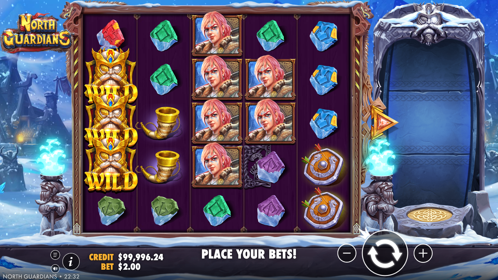 North Guardians full column of stacked Odin wild symbols dropped by the Wild Pattern Wheel