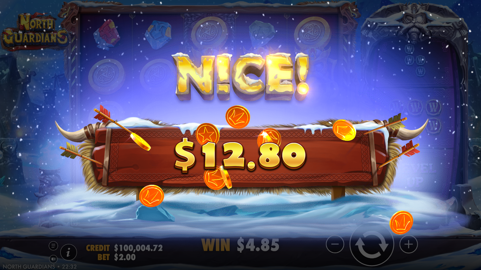 North Guardians big win celebration banner over the frozen Viking reels