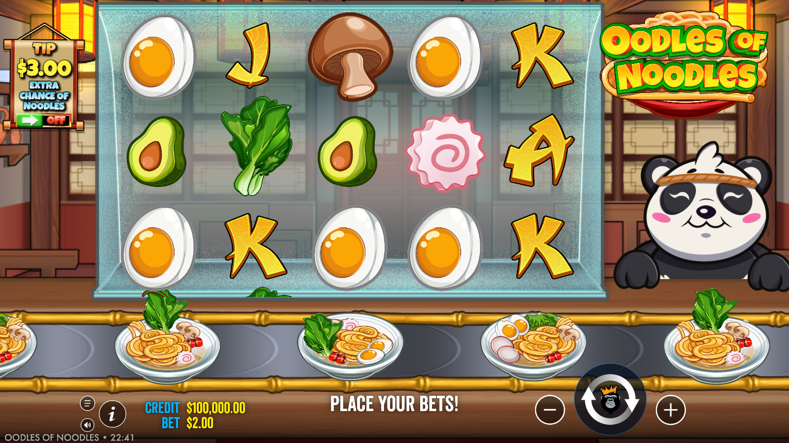 Oodles of Noodles base game 5x3 grid with 10 paylines and noodle theme symbols