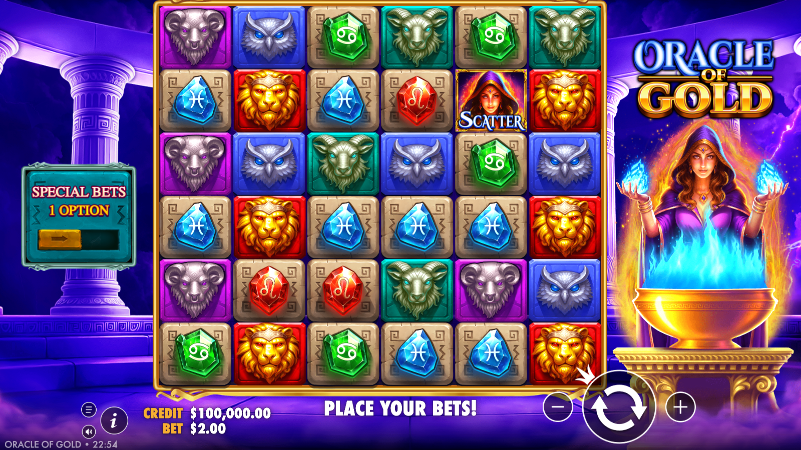 Oracle of Gold base game 6x6 cluster pays grid of zodiac gemstones and animal idols