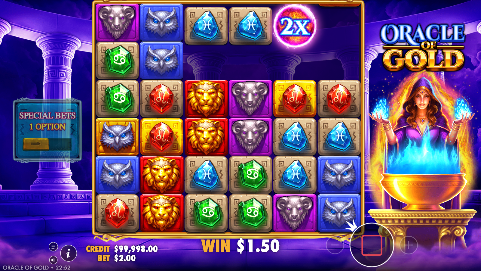 Oracle of Gold tumble win with a 2x multiplier wild orb