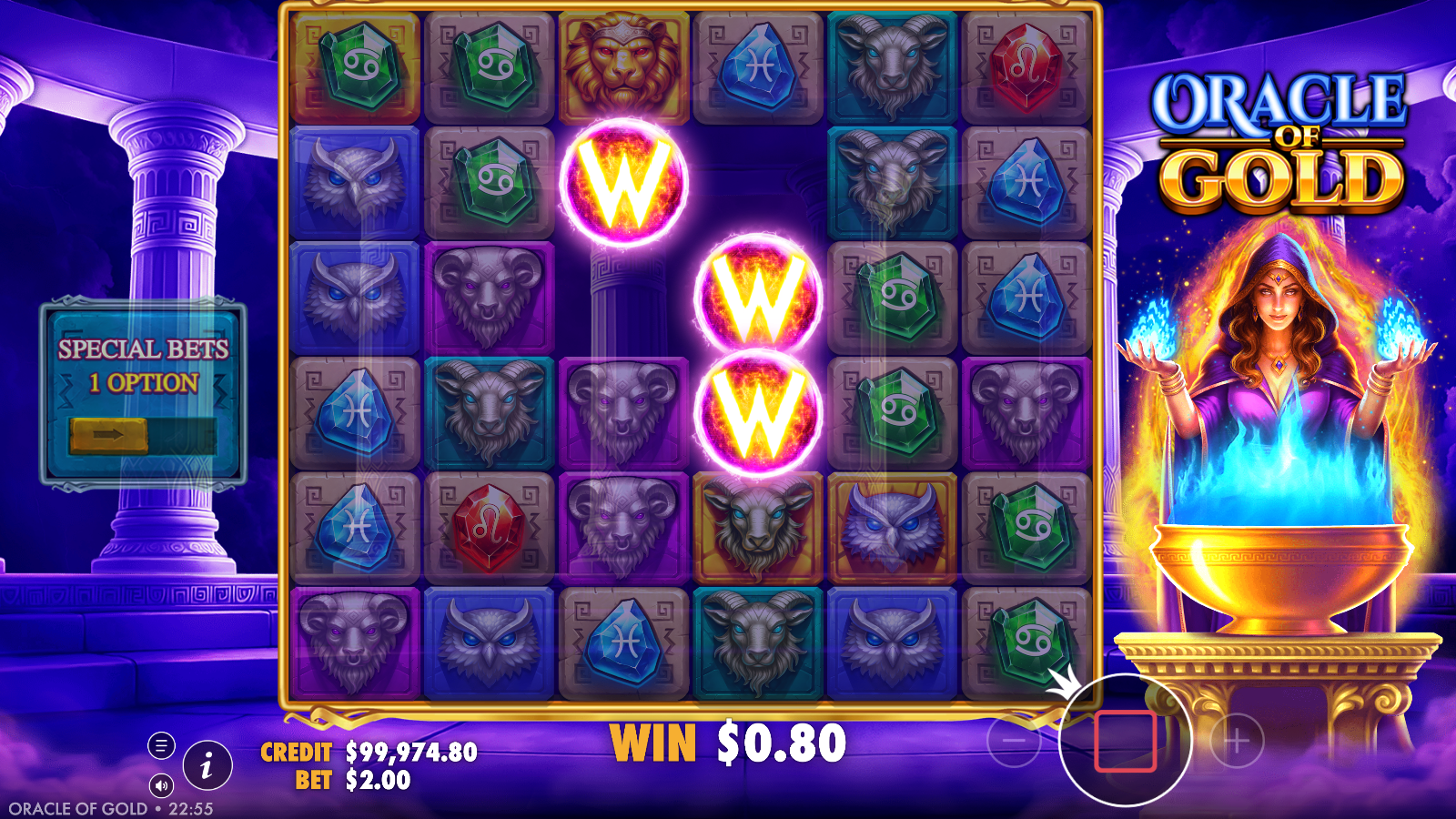 Oracle of Gold three golden multiplier wild orbs landing during a tumble