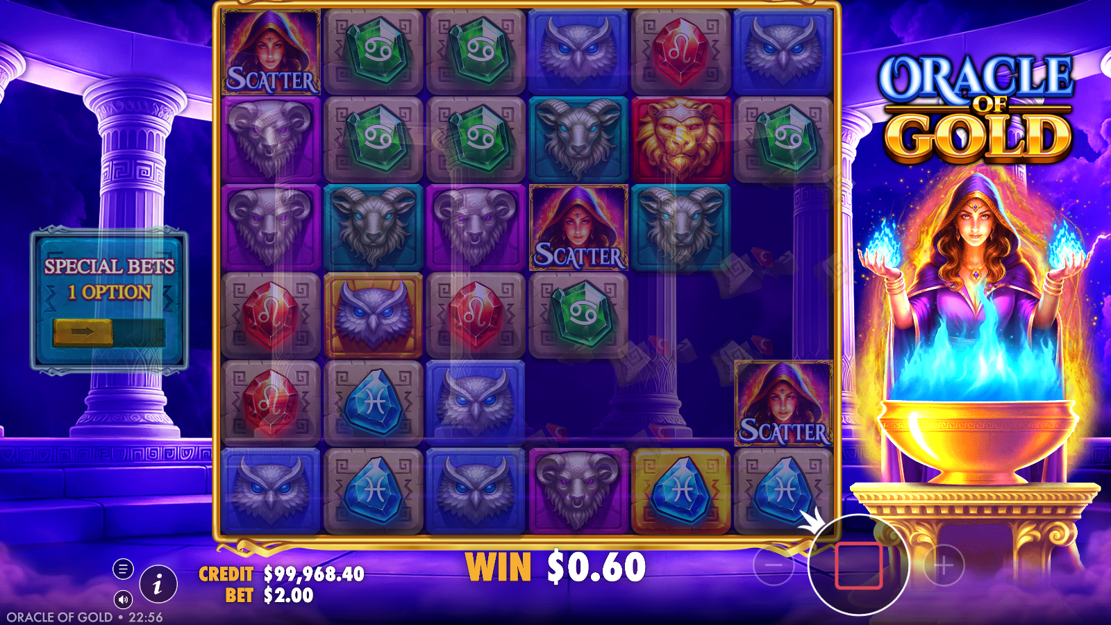 Oracle of Gold three Oracle scatter symbols close to a free spins trigger