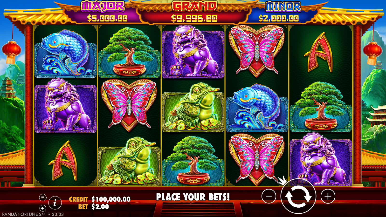Panda's Fortune 2 base game 5x3 grid with 25 paylines and the MAJOR, GRAND and MINOR jackpot ladder
