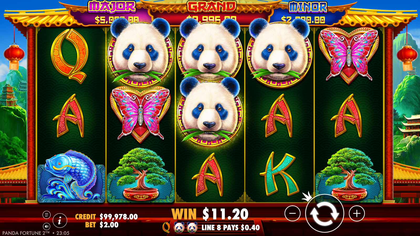 Panda Wild symbols filling reels 2, 3 and 4 of Panda's Fortune 2 to complete a paying line