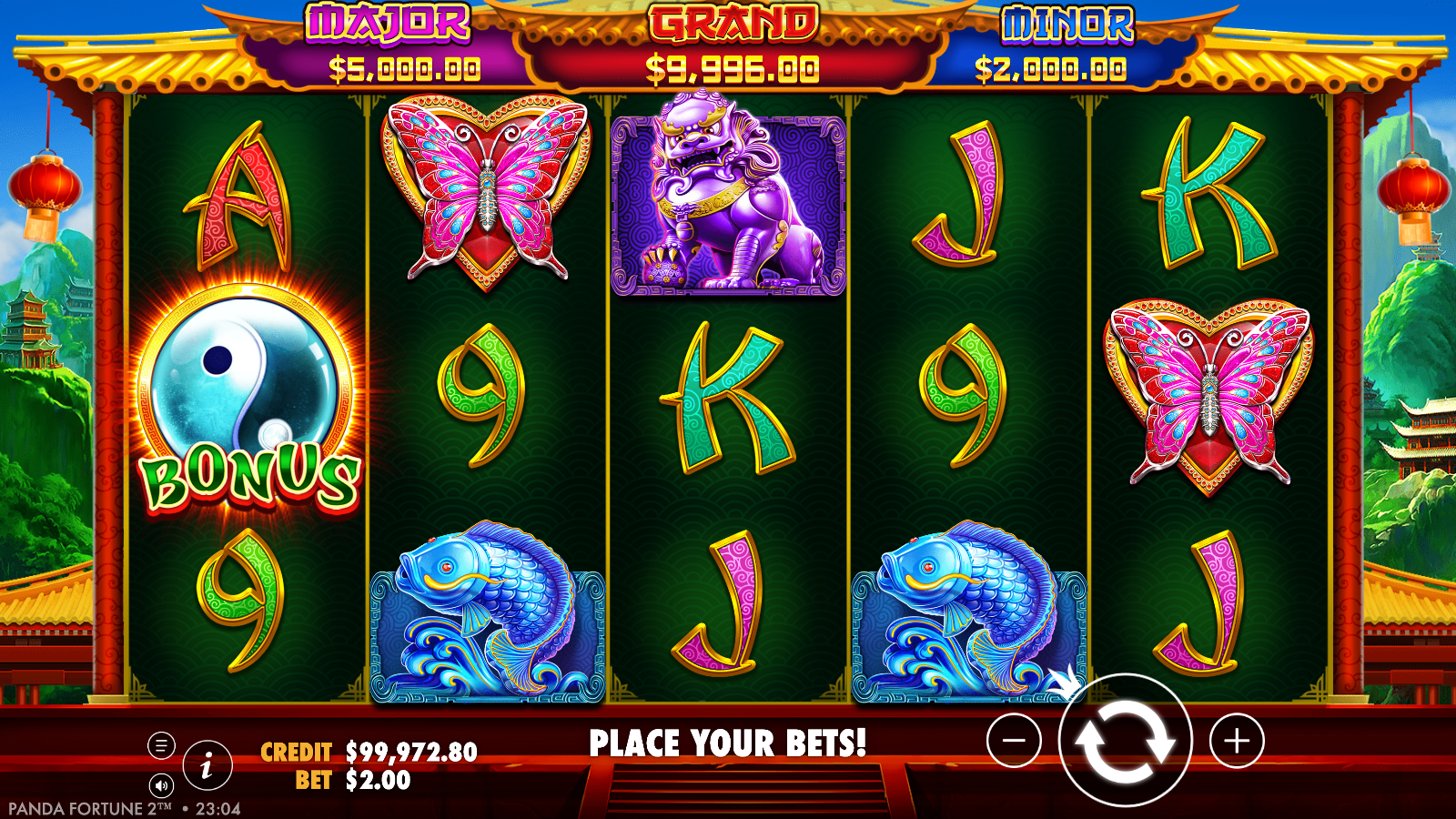 A glowing Yin-Yang Scatter marked Bonus on reel 1 of Panda's Fortune 2