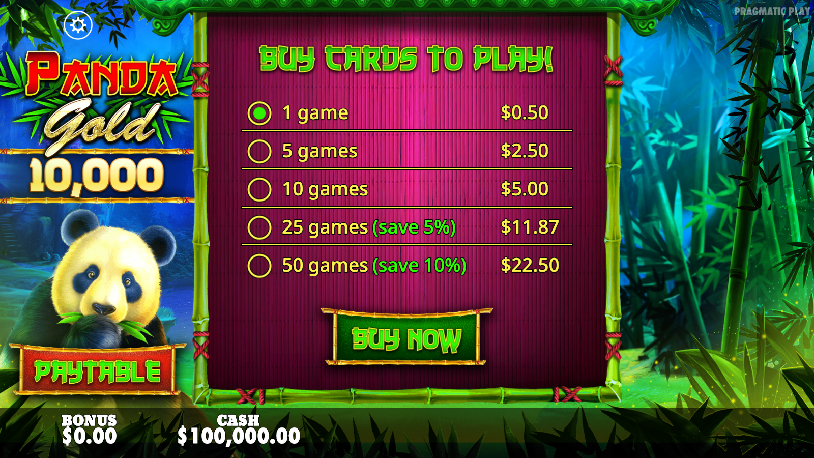 Panda Gold 10,000 scratchcard purchase menu showing card prices from a single game up to fifty-game bundles