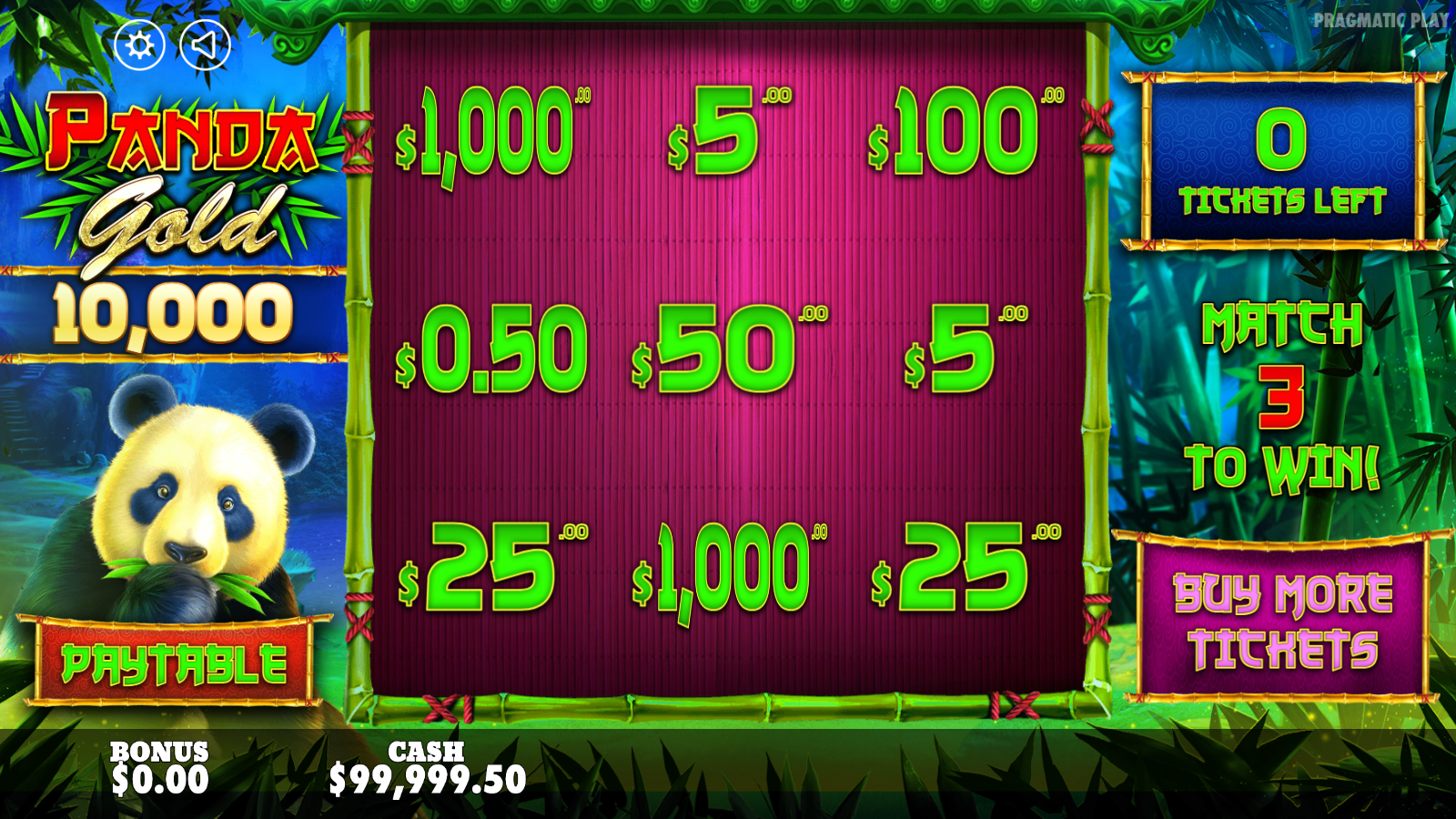 Nine scratch panels fully revealed showing individual cash prize amounts across the three by three grid