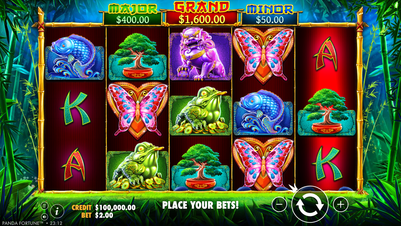 Panda's Fortune base game reels with Minor, Major and Grand jackpot meters