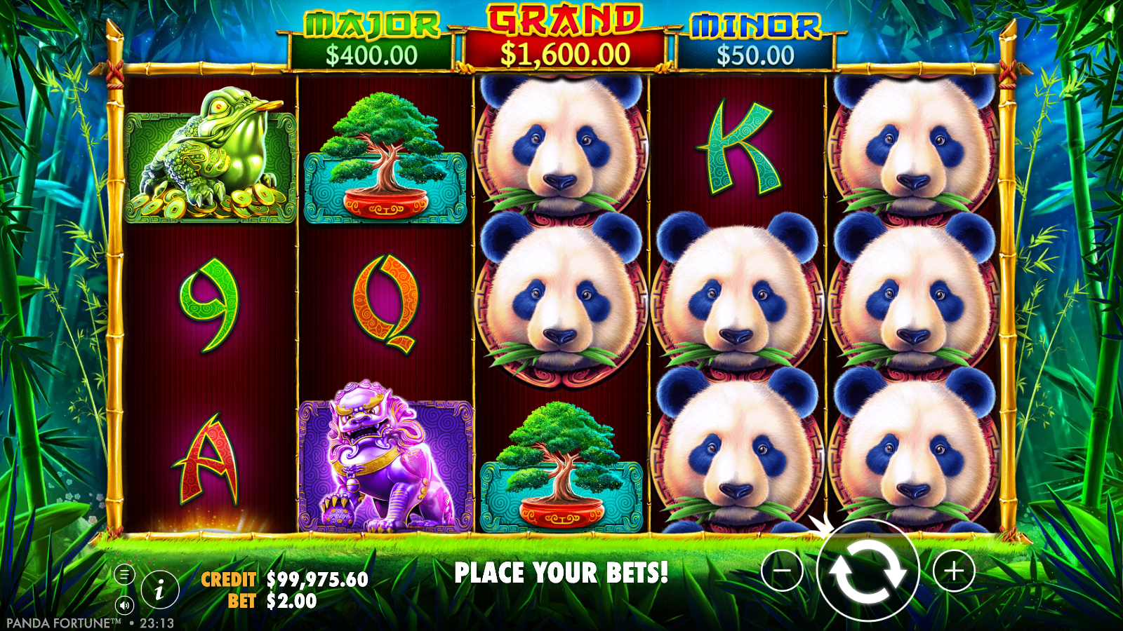 Stacked Panda Wild symbols filling reels in Panda's Fortune
