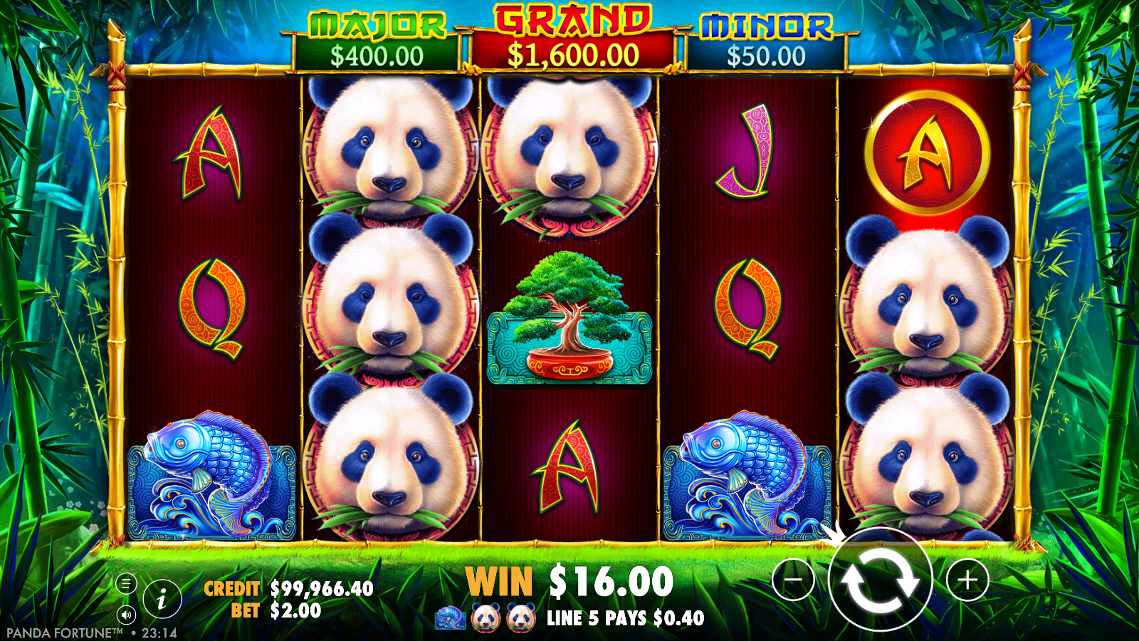 Golden reel-five symbol on a line win in Panda's Fortune