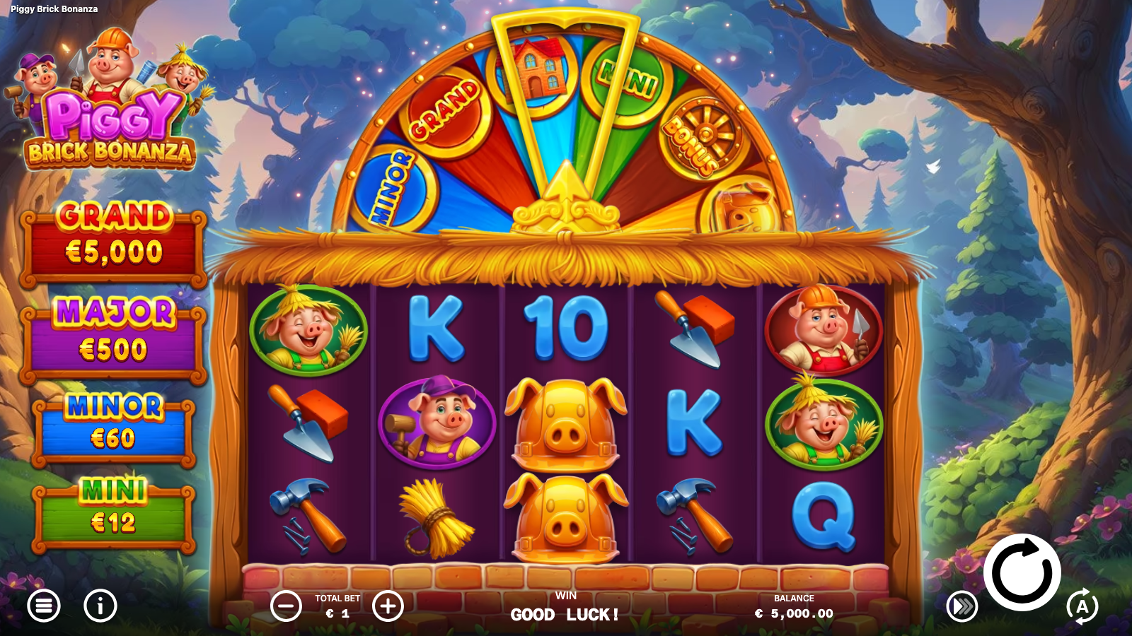 Piggy Brick Bonanza base game grid, 5x3 layout with jackpot ladder and Bonus Wheel visible
