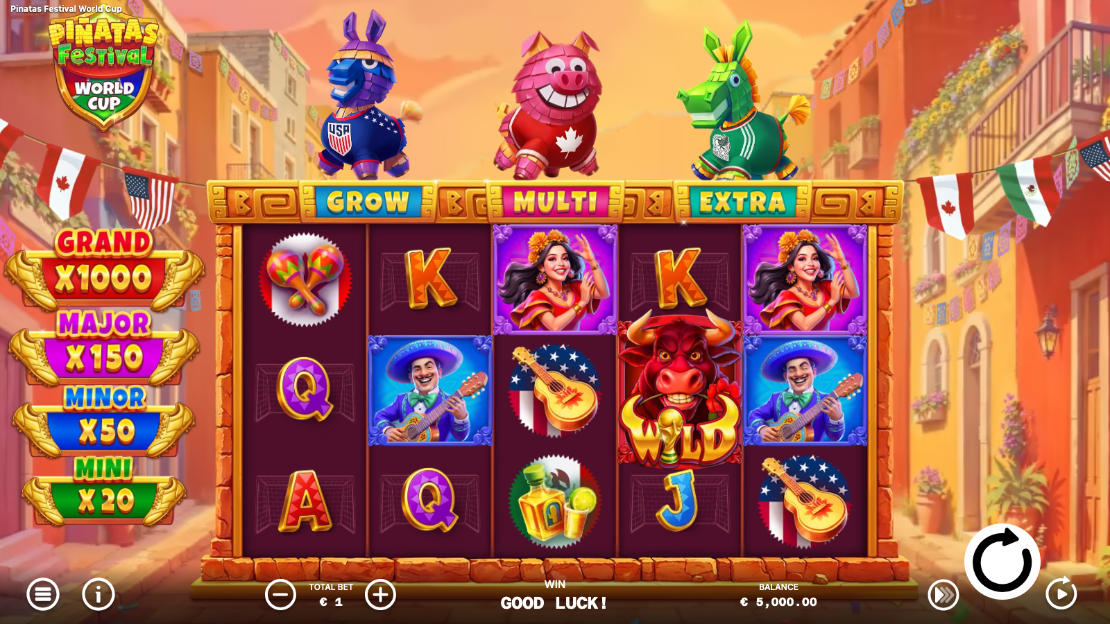 Piñatas Festival World Cup pre-spin base layout showing the 5x3 grid, the three piñata modifiers above the reels and the four-tier jackpot ladder on the left