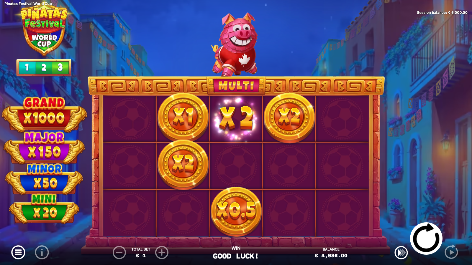Hold and Win bonus in progress with five locked coins showing multiplier values across the grid and the respin counter visible top-left
