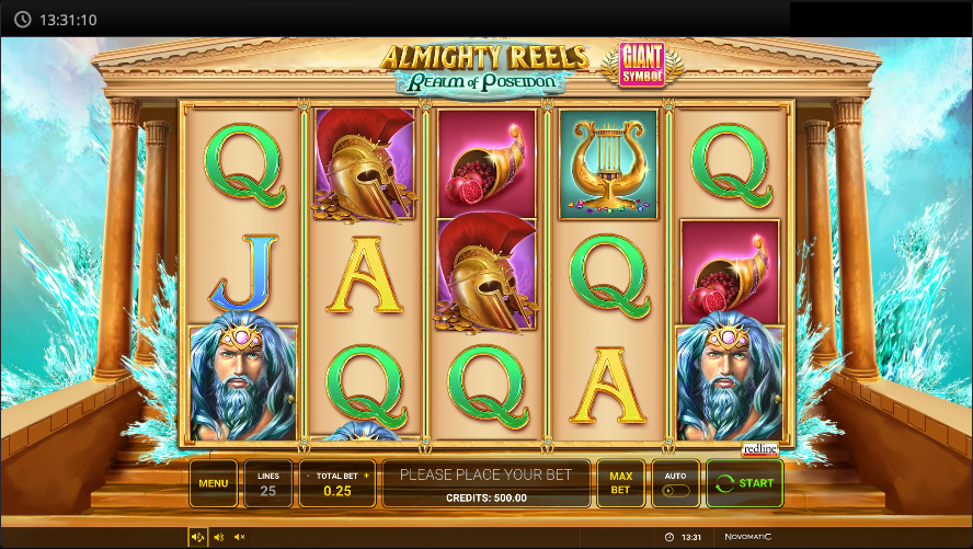 Almighty Reels Realm of Poseidon base game grid with Q, A, Poseidon and Trident symbols across five reels