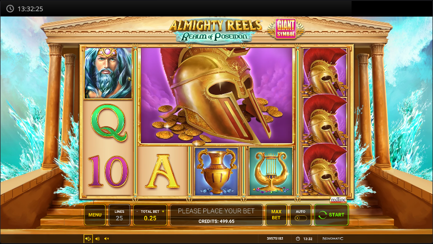 Almighty Reels Realm of Poseidon mid-spin with Poseidon and golden Trident grouped in the left reels