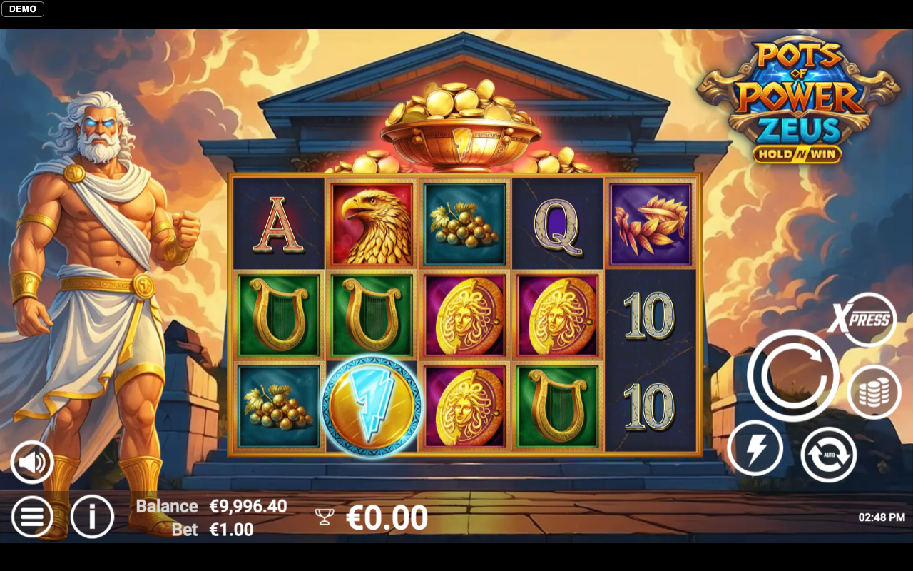Pots of Power: Zeus base game 5x3 grid with Greek-mythology symbols and Mount Olympus backdrop