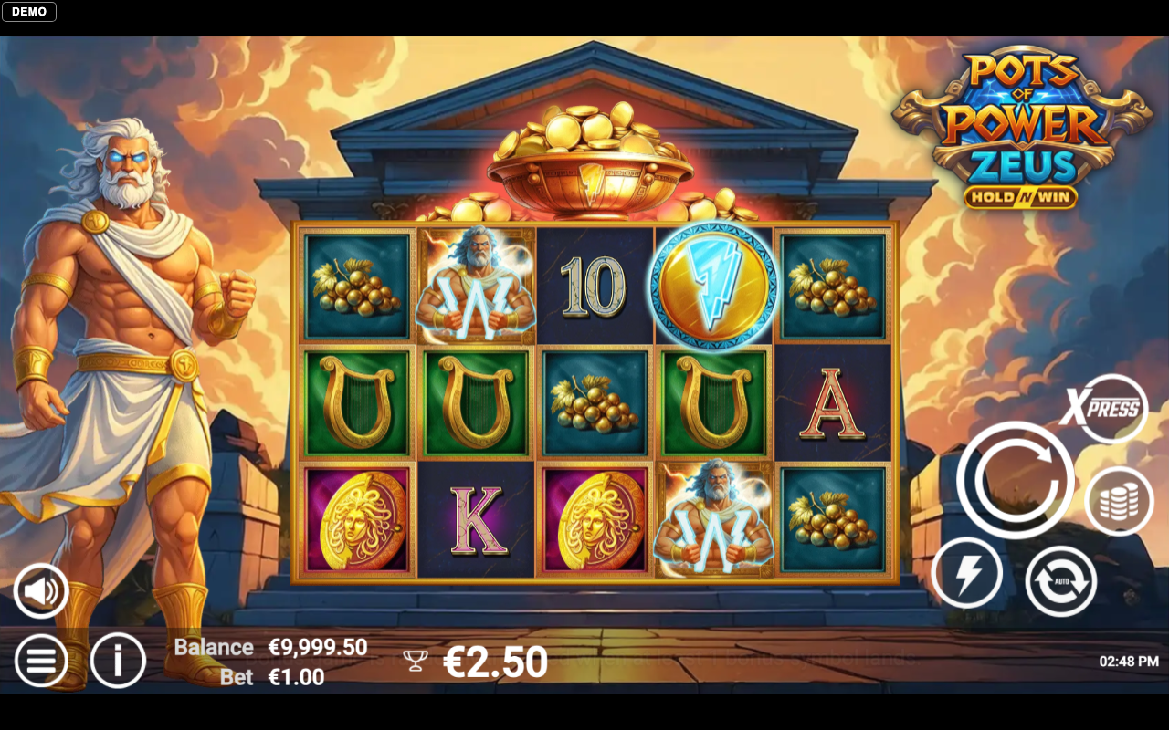 Pots of Power: Zeus win showing the glowing Zeus orb symbol on the grid