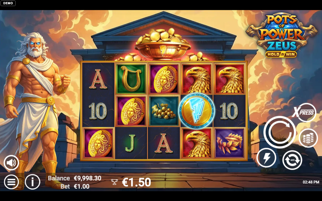 Pots of Power: Zeus win combining the pot-of-gold and orb symbols